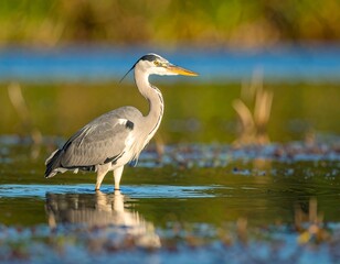 Fototapeta premium Grey heron wading in shallow water