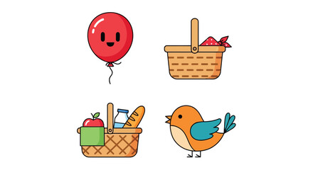 Obraz premium Vector illustration of collection of four cartoonstyle icons including a red balloon, a picnic basket, another picnic basket with food, and a bird
