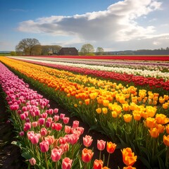 Fototapeta premium Colorful tulip fields under a bright sky