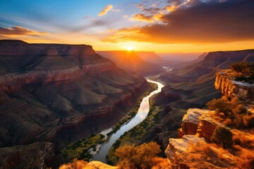 Fototapeta premium Majestic canyon river bathed in golden hour sunlight sunset