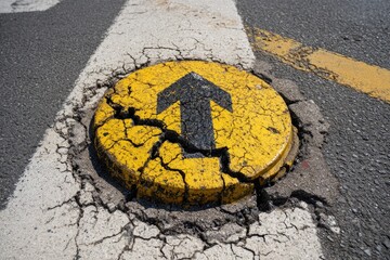 Cracked yellow road sign with upward arrow