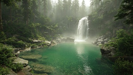 Lush waterfall cascading into a tranquil pool in a misty forest