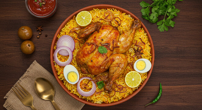 Overhead food image featuring a flavorful chicken biryani topped with a full roasted chicken, garnished with herbs and lemon wedges. Perfect for restaurant menu designs, food delivery promotions