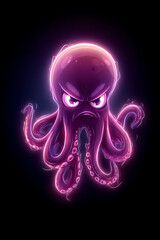 A vibrant, cartoon-style octopus with an angry expression, glowing against a dark background