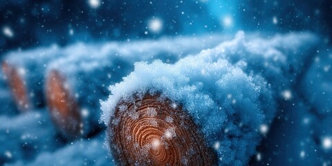 Snow-covered wood logs create a beautiful winter scene with falling snowflakes and a frosty texture.