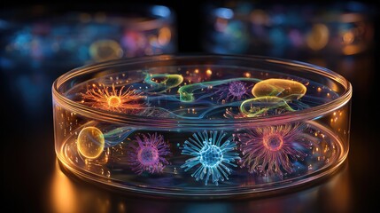 Glowing Petri dish overflowing with vibrant abstract representations of scientific concepts.