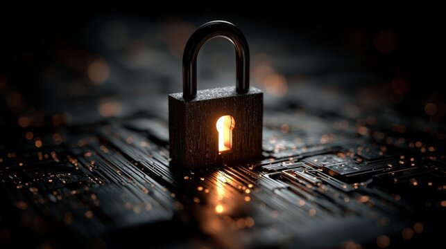 A luminous padlock, the quintessential symbol of security, rests atop a darkened digital circuit board, its keyhole illuminated. ..Created with Generative AI, not depicting real subjects. - Powered by Adobe