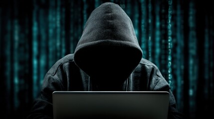 An anonymous hacker shrouded in a hooded sweatshirt, is hidden in the dark, and working on a laptop, against a dynamic binary code backdrop. ..Created with Generative AI, not depicting real subjects.