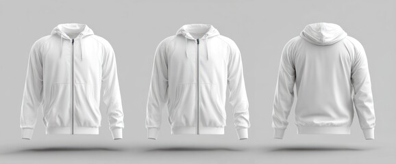 Three views of a blank white zip-up hoodie, front, back, and slightly angled, float against a light gray backdrop