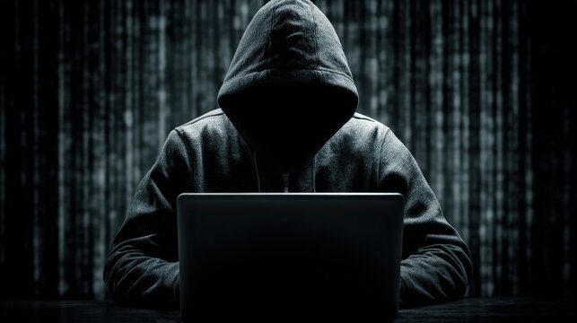 An anonymous hacker shrouded in a hooded sweatshirt, deeply engrossed in their clandestine activities, hunched over a laptop. ..Created with Generative AI, not depicting real subjects.