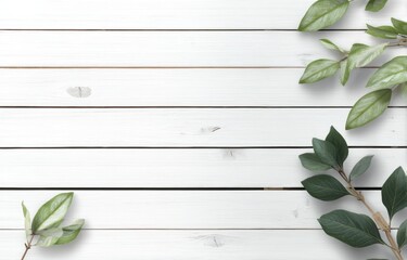 White wooden planks backdrop with verdant green foliage in the corners provides natural touch and clean aesthetic for text/product insertion