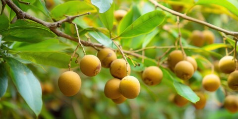 Ripe longan fruits hang from a tree branch, surrounded by lush green leaves and natural light.