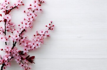Delicate pink blossom sprays gracefully across a pristine white wooden surface, offering a serene and calming visual with springtime freshness