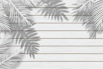 White wood background with shadow of palm leaves in corners, bright and fresh, clean and simple design element