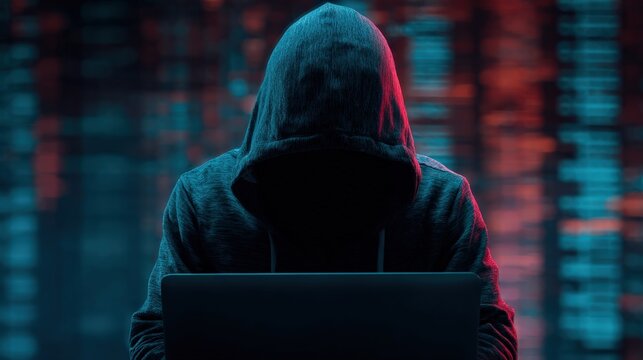 A hooded figure immersed in a digital world of binary code, the hacker's silhouette obscures in a dimly lit setting. ..Created with Generative AI, not depicting real subjects.