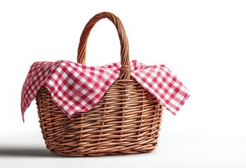 A woven picnic basket with a red and white checkered cloth, set against a bright, clean white backdrop