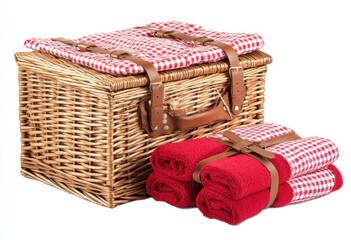 Wicker picnic basket topped with red gingham cloth, beside red towels bound with leather straps