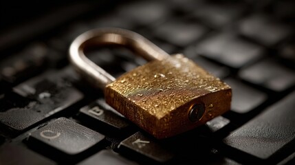 A weathered padlock rests securely upon the keys of a laptop, offering a visual metaphor for the security of data. ..Created with Generative AI, not depicting real subjects.