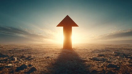 Arrow pointing upward on barren landscape, backlit by the rising sun, creating a long shadow