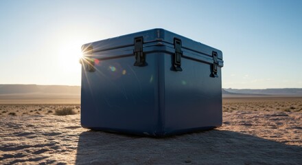 Blue Cooler Box on a Rock Against a Beautiful Sunset in an Outdoor Landscape Scene