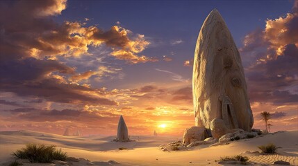 Desert landscape at sunset with tall rock formations and colorful sky, bathed in golden light