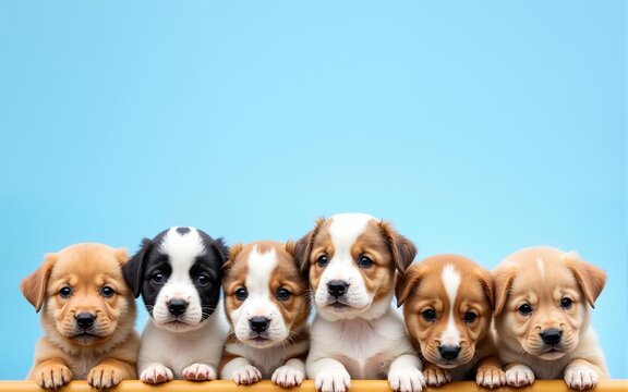 world dog day background with group of puppies with a blue sky background. High quality
