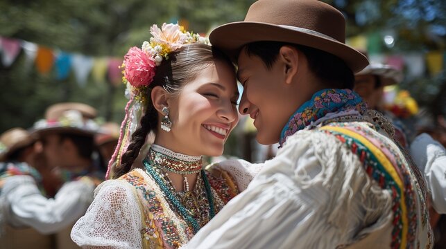 Couple dancing Chilean cueca in traditional costume