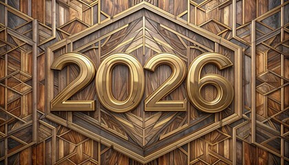 Elegant 2026 design with gold text and intricate wooden Art Deco pattern.