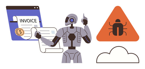 Humanoid robot analyzing invoices, identifying bugs in cloud systems. Ideal for automation, cybersecurity, error detection, invoice management, artificial intelligence, cloud computing, technology