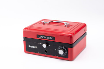 Red Cash Box with Black Panel, Combination Lock, and Metal Handle on White Background.