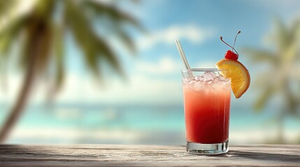 Obraz premium A refreshing cocktail sits on a wooden table, with palm trees in the background and a beautiful beach view, perfect for a tropical getaway.