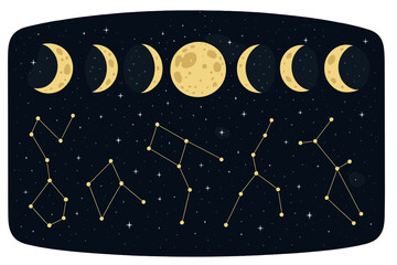 Naklejka premium Moon phases and constellations vector set. Astronomy science collection. Lunar cycle, full moon, crescent. Astrology, esoteric, spiritual symbols on a starry night sky.