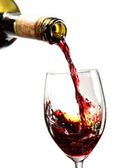 Pouring red wine from a bottle into a glass, creating splash with motion, isolated on a plain background