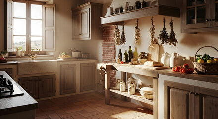 Warm Interior Of Rustic Country Kitchen With Natural Light and Wood Elements