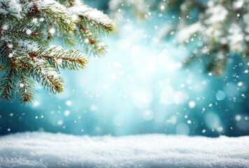 Snowy evergreen boughs frame a blurred, glittering blue backdrop above a snow-covered surface, creating a serene winter wonderland scene