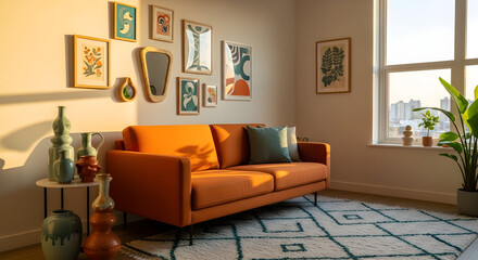 Warm Interior Scene Showcasing Modern Decor and Artistic Wall Displays