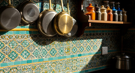 Warm Kitchen: Pans and Spices Displayed with Decorative Tiles and Natural Light Exposure