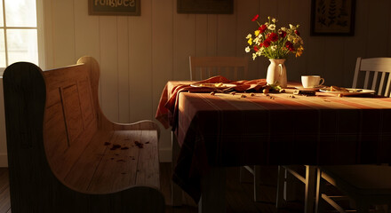 Warm Light Illuminates The Delightful Arrangement Of The Cozy Countryside Dining Scene