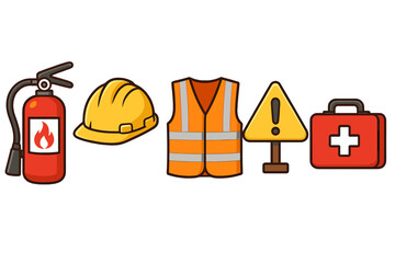 Construction safety equipment collection. Personal protective equipment (PPE) icons for work safety. Vector cartoon set with fire extinguisher, hard hat, safety vest, first aid kit.