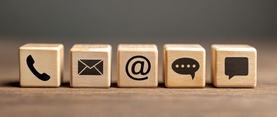 Five wooden blocks aligned display communication icons on wood surface, conveying contact channels