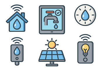 Smart home icon collection for water management, energy efficiency. Vector symbols for eco-friendly technology. Solar panel, smart meter, light control, water usage concepts.
