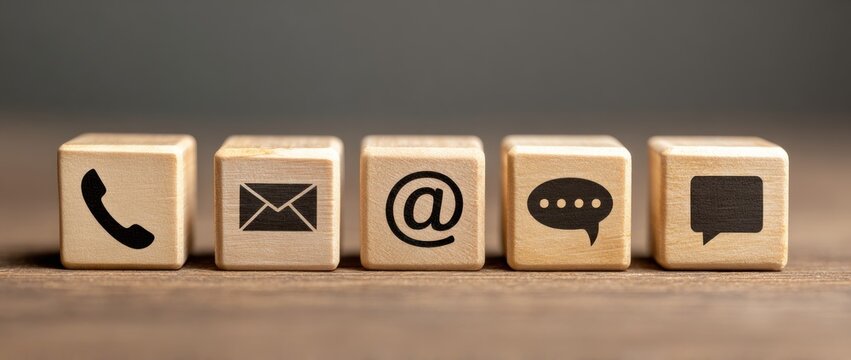 Five wooden blocks aligned display communication icons on wood surface, conveying contact channels