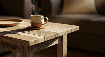 Warm Morning Coffee On Rustic Wooden Table In A Cozy Living Room Setting
