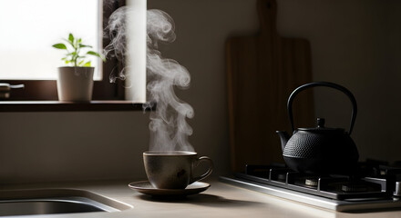 Warm Morning Ritual: A Steaming Cup of Tea in A Calm Kitchen Setting