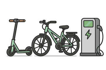Electric mobility set with e-scooter, e-bike, and charging station. Green urban transport for city travel. Eco-friendly sustainable transportation vector cartoon illustration.