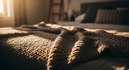 Warm Sunlight Bathing A Knitted Blanket on A Serene and Cozy Bed Morning Scene