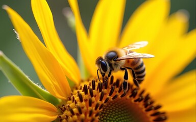 Close-up of a honey bee collecting nectar on a vibrant sunflower in a beautiful floral landscape. Macro shot world of small animals in ecosystem. High quality