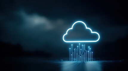 Illuminated blue cloud symbol with circuit board lines in a dark, foggy setting, suggesting digital connection