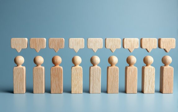 Row of wooden figures under speech bubbles against a blue background, signifying communication, ideas, and discussions in a collective manner