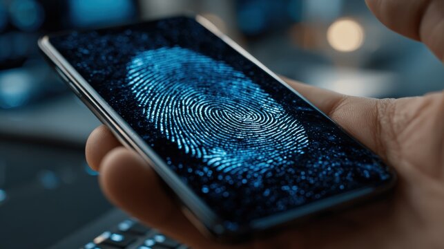 An abstract of Fingerprint recognition technology, highlighting biometric security and authentication using a smartphone. ..Created with Generative AI, not depicting real subjects.